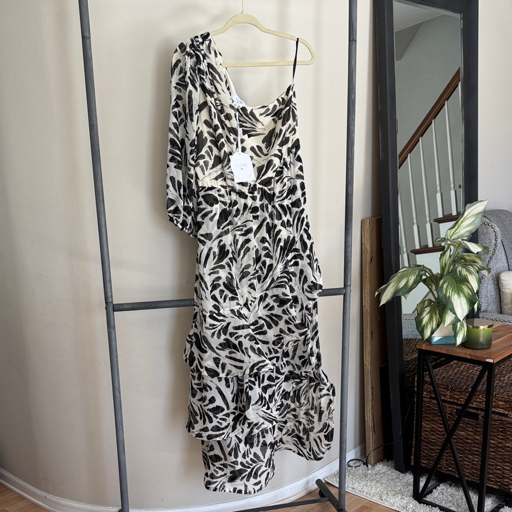 Alexis One-Shoulder Black and Cream Leaf-Print Dress